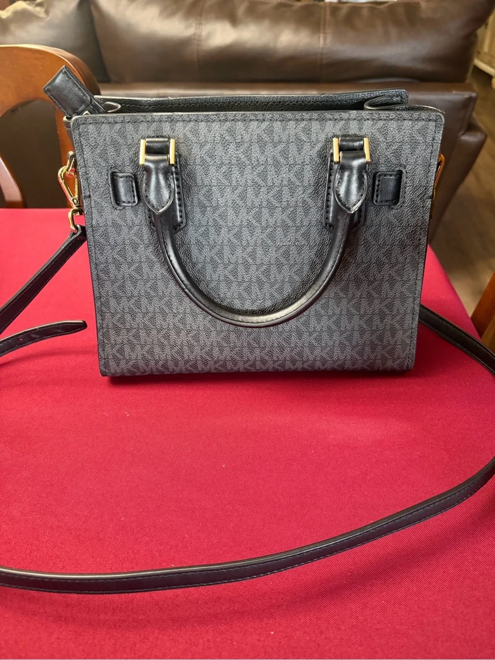 Michael Kors Hamilton Small Black Monogram Satchel with Gold Hardware